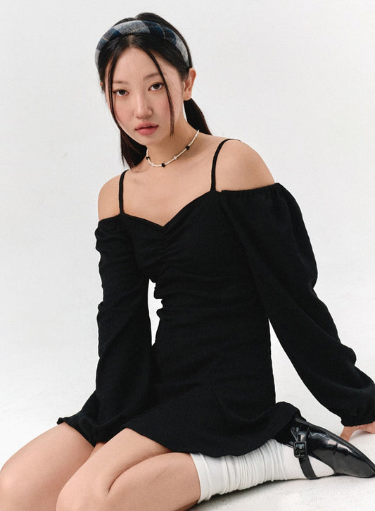 Off-Shoulder Shirred Mini Dress IS301