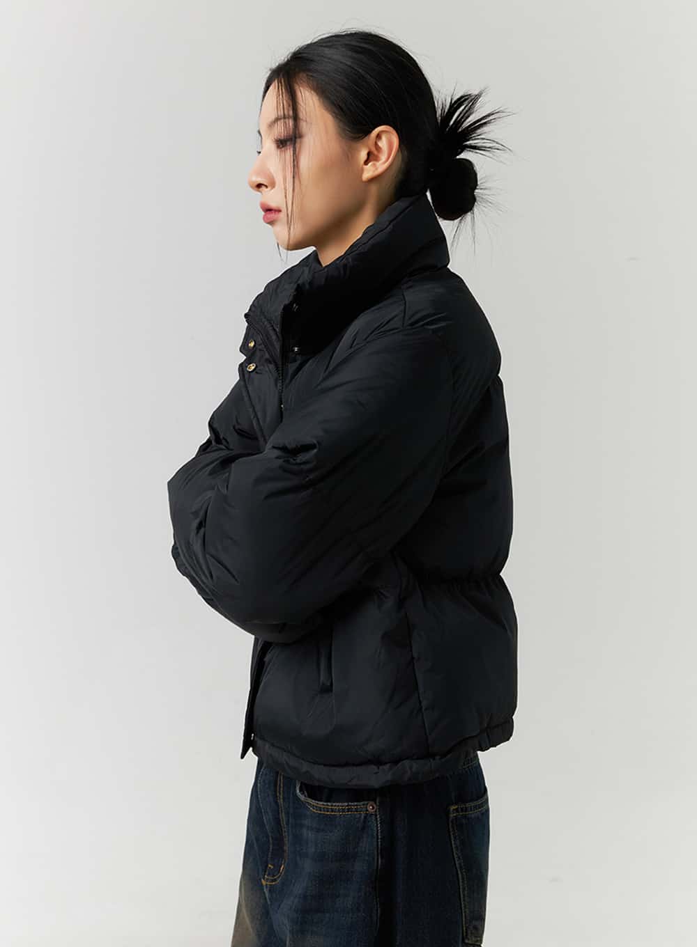 Solid Zip-Up Stand Collar Puffer Jacket ID305